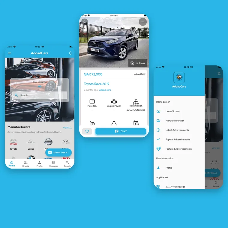 AddadCars app screens: home, a car listing and the side menu