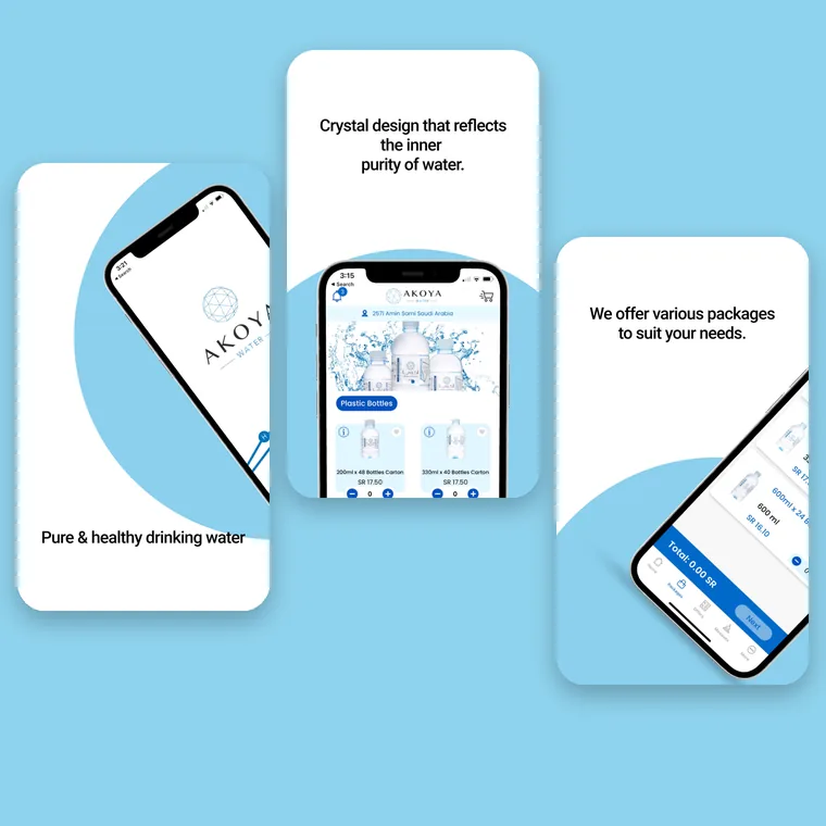 AKOYA Water app screens: splash, product catalogue and packages