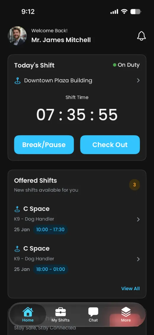 DayOps app: today's shift with a live shift timer and Check Out button