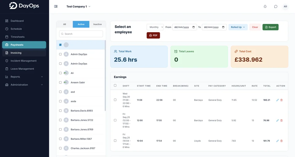 DayOps web portal: Paysheets screen with total work hours, leave and cost for a selected employee, and their shift earnings