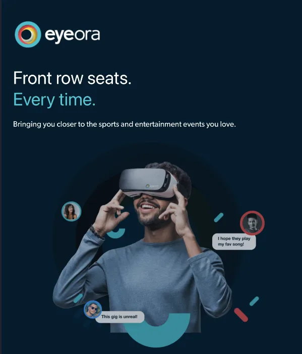 Eyeora landing screen: Front row seats. Every time.