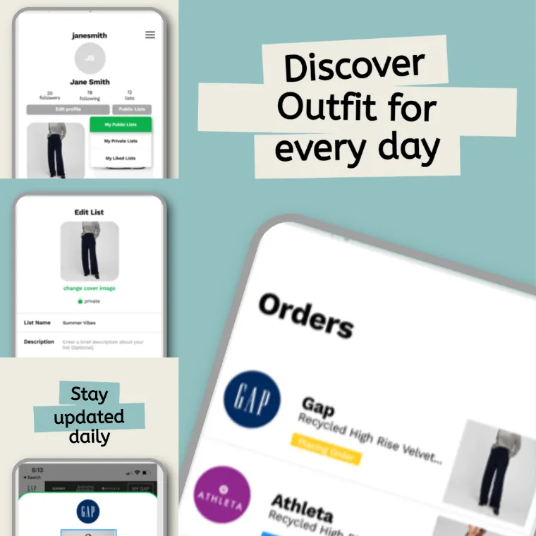Goji app mockups: outfit discovery, edit list and orders screens
