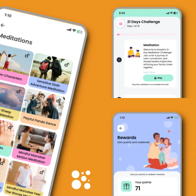 Hoopla app mockups: meditation library, 21-day challenge and rewards screens