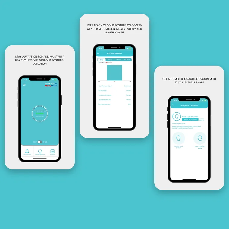 NeckUp app screens: posture status, posture records and coaching programme