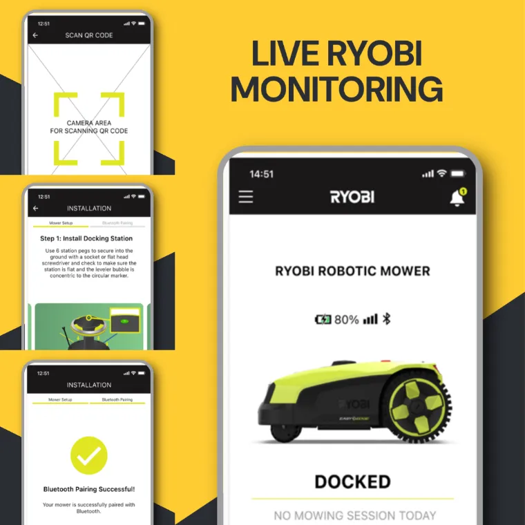 Ryobi app mockups: robotic mower live status, QR pairing and installation steps