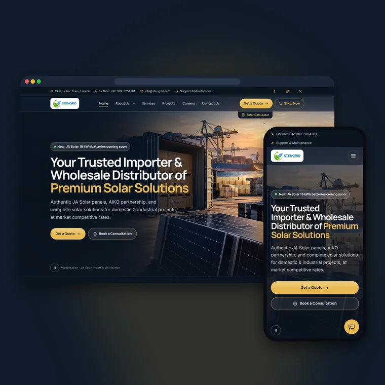 StenGrid website on desktop and mobile: Your trusted importer and wholesale distributor of premium solar solutions