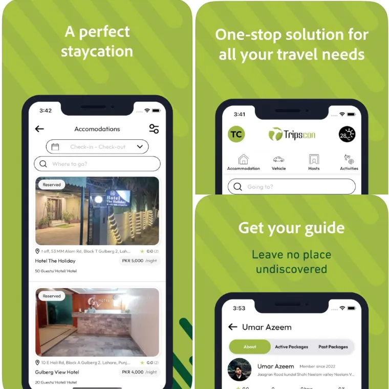 Tripscon app mockups: accommodation search, listings and travel guide screens